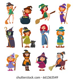 Cute little witch hag harridan vixen with broom cartoon magic Halloween young girls character costume hat vector illustration.