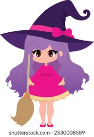 Cute little witch, with hair in shades of purple, lilac, in a pink witch outfit, holding a broom