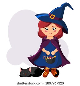 Cute little witch in a Halloween costume with a cauldron with treats in her hands and a black cat. Flat style, cartoon, vector.