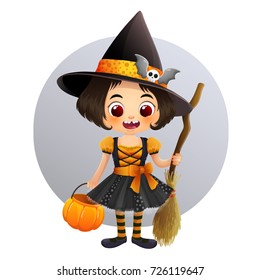 Cute little witch in Halloween costume with pumpkin basket and broom