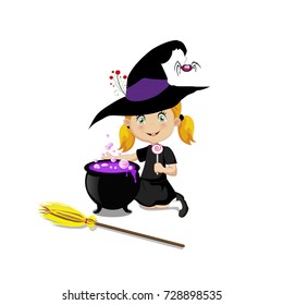 Cute  little witch in halloween costume with boiling cauldron and broom isolated on white background. Vector illustration, clip art.