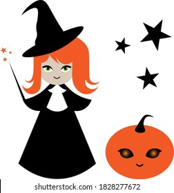 cute little witch and halloween pumpkin