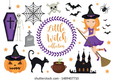 Cute little witch halloween set objects. Collection design element with pumpkin, witch hat, spider, skull, coffin, bat. Kids baby clip art funny smiling character. Vector iillustration.