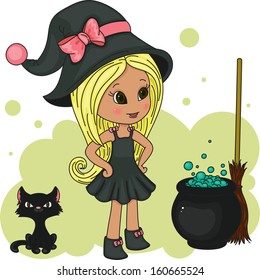 Cute little witch with her black kitten, poison and broom