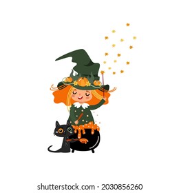 Cute little witch and her cat cooking a magic potion in  cauldron. Happy girl in Halloween costume preparing something in pot, waiting party. Cartoon character, vector illustration isolated on white