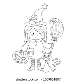 Cute little witch holding a broom with jack o lantern, black cat, and frog vector illustration isolated on white background. Cute halloween witch cartoon colorless for coloring book. 