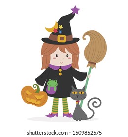 Cute little witch holding a broom with jack o lantern, black cat, and frog vector illustration isolated on white background. Cute Halloween cartoon. 