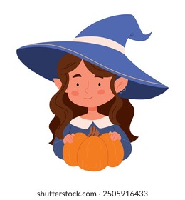 A cute little witch is holding a pumpkin.Children's illustration for Halloween holiday