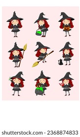 Cute Little Witch Illustration,for flash card, sticker, background, and other. A simple vector design. 