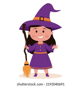 Cute little witch with a magic broom. Vector illustration.
