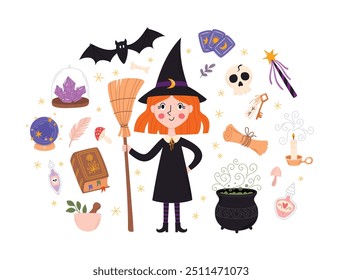 Cute little witch and magic elements set. Halloween vector illustrations collection. A girl in Halloween costume of a witch