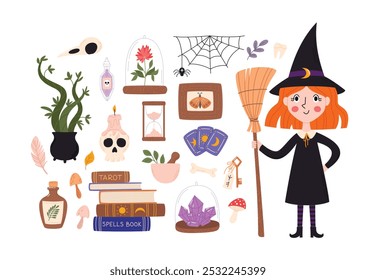 Cute little witch and magic elements set. Halloween vector illustrations collection. A girl in Halloween costume of a witch