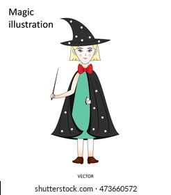 Cute little witch with a magic wand in a hat and cloak with stars, magical illustration, white background