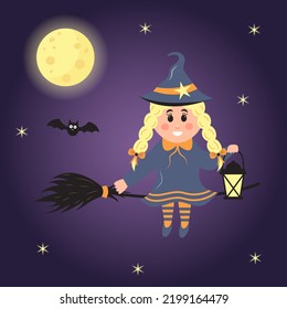 Cute little witch on a broom holding lantern. Magic blonde witch girl flying in the sky among moon and stars with bat. Halloween cartoon character. Vector illustration.