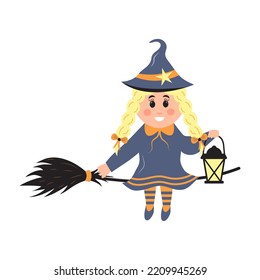 Cute little witch on a broom holding lantern. Halloween cartoon character. 