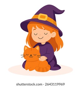 Cute little witch with orange cat. Halloween girl in costume. Child and pet magic character illustration