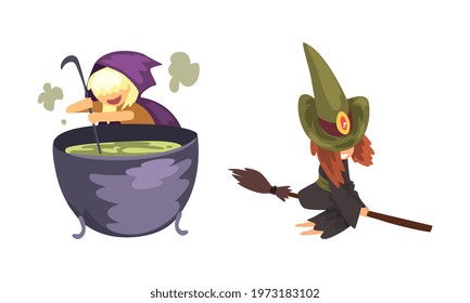 Cute Little Witch in Pointed Hat and Cloak Boiling Potion in Cauldron and Flying on Broomstick Vector Set
