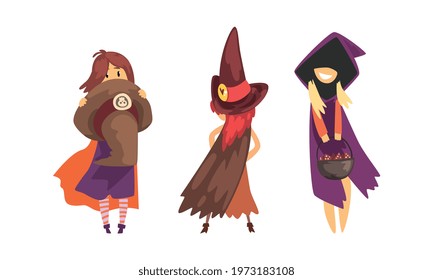 Cute Little Witch in Pointed Hat Vector Set
