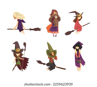 Cute Little Witch in Pointed Hat Flying on Broomstick Vector Set