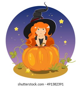 Cute little witch with a pumpkin
