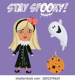 A cute little witch with a pumpkin, a ghost. The inscription - stay spooky. Halloween.