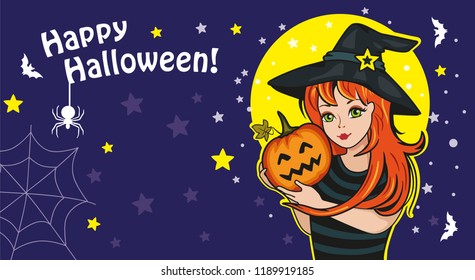 Cute little witch with Pumpkin. Postcard for happy Halloween. Friend or family. Wonderland. Vector illustration. Fairytale background with stars, bats, spider, web. Fabulous character. Holiday party.