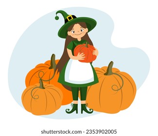 Cute little witch with pumpkins. Halloween illustration, kids print, vector		