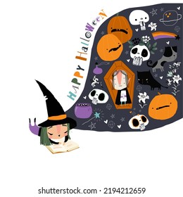 Cute Little Witch reading Book and dreaming about Halloween