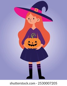 Cute little witch, red-haired girl, in witch outfit, holding a halloween pumpkin