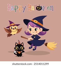 Cute little witch riding a broom with black cat and owl in Halloween costume, Happy Halloween, vector illustration.