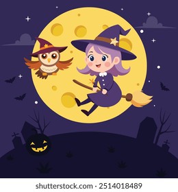 Cute little witch riding a broom with an owl in night time over the graveyard, Happy Halloween, vector illustration.