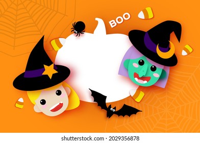 Cute Little Witch. Scary Green Skin Witch. Happy Halloween. Monsters paper cut style. Funny Trick or treat. Bat, spider, web, candy. Pumpkin Space for text Orange