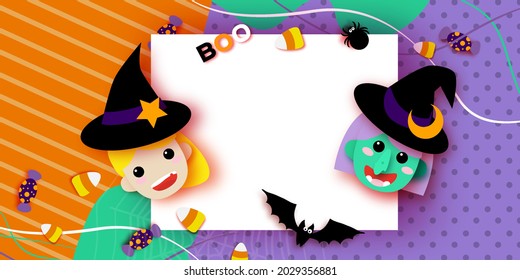 Cute Little Witch. Scary Green Skin Witch. Happy Halloween. Monsters paper cut style. Funny Trick or treat. Bat, spider, web, candy, bones. Space for text Orange Purple