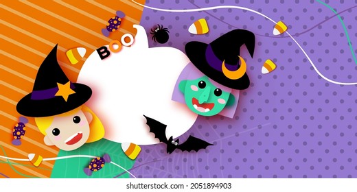 Cute Little Witch. Scary Green Skin Witch. Happy Halloween. Monsters paper cut style. Funny Trick or treat. Bat, spider, web, candy. Pumpkin Space for text Orange