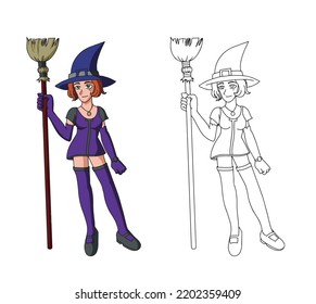 Cute little witch in short purple dress holding a broom. Vector illustration isolated on white background.