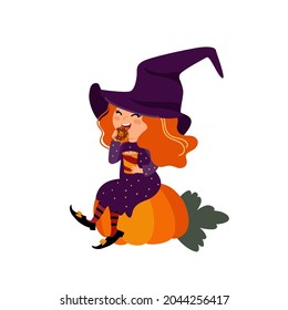 Cute little witch sitting on big pumpkin. Happy girl in magic hat and Halloween costume holding donut and drinking coffee or chocolate. Cartoon character, flat vector illustration isolated on white
