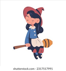 Cute Little Witch Sitting on Broom as Fairytale Character Vector Illustration
