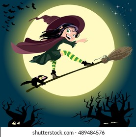 Cute little witch surfs on a broomstick. Halloween cartoon vector illustration.
