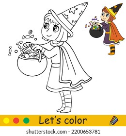 Cute little witch and sweets in pumpkin bag  Halloween concept  Coloring book page for children and colorful template  Vector cartoon illustration  For print  preschool education   game