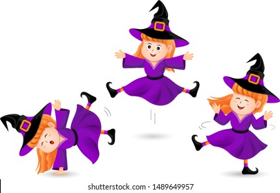 Cute little  witch three acts. Halloween characters design. Happy Halloween concept. Illustration isolated on white background.