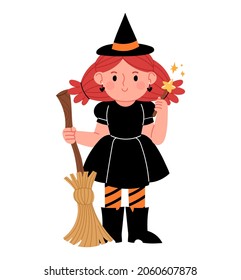 Cute little witch. Vector illustration of a cute kid dressed as a witch for Halloween.