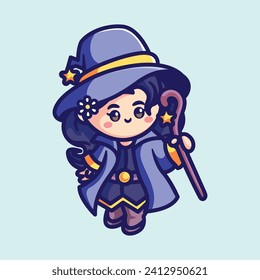 Cute little witch with a wand in her hand. Halloween cartoon illustration.