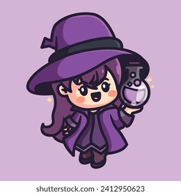 Cute little witch with a wand in her hand. Halloween cartoon illustration.