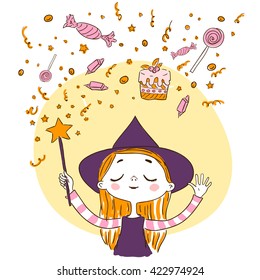 Cute little witch wants to conjure magic wand a lot of sweets. 