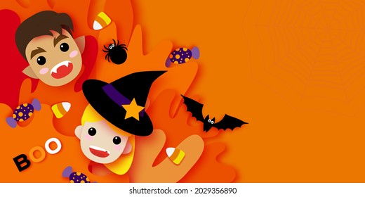 Cute Little Witch. Werewolf. Happy Halloween. Monsters cartoon paper cut style. Funny Trick or treat. Bat, spider, web, candy. Space for text Orange Purple