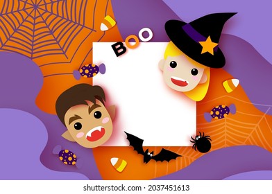 Cute Little Witch. Werewolf. Happy Halloween. Monsters cartoon paper cut style. Funny Trick or treat. Bat, spider, web, candy. Space for text Orange Purple