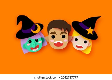Cute Little Witch. Werewolf. Scary Green Skin Witch. Happy Halloween. Monsters paper cut style. Funny Trick or treat. Bat, spider, web, candy. Square Space for text Orange Purple