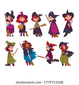 Cute Little Witches Collection, Girls Wearing Dress and Hat with Brooms, Halloween Cartoon Characters Vector Illustration