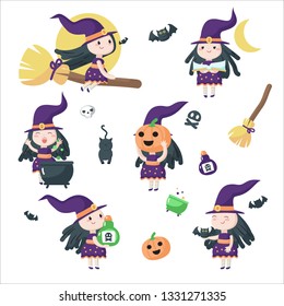 Cute little witches riding broomstick, preparing potion in boiling cauldron etc. Vector illustration isolated on white background. Halloween witches for party invitation, poster, sticker, print.