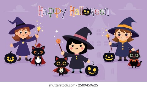 Cute little witches rising magic wand with black cats in Halloween costume and Halloween pumpkin, Happy Halloween, vector illustration.